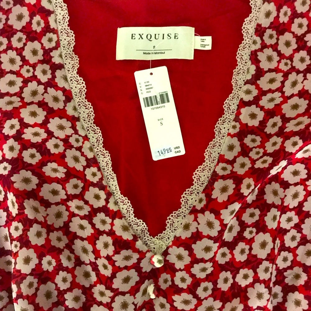 NWT Anthropologie. Feminine V-neck Red Floral Midi Dress. - Picture 2 of 5